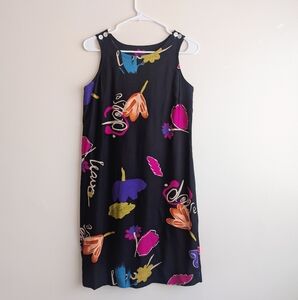 Vintage 90s Y2K Artsy All Over Floral Print Black Shift Mini Dress Boho Quirky